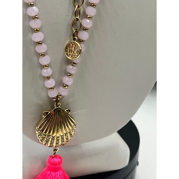 Lilly Pulitzer Gold‎ Pave Shell Pink Beaded Vibrant Bright Tassel Long Necklace - Picture 6 of 10
